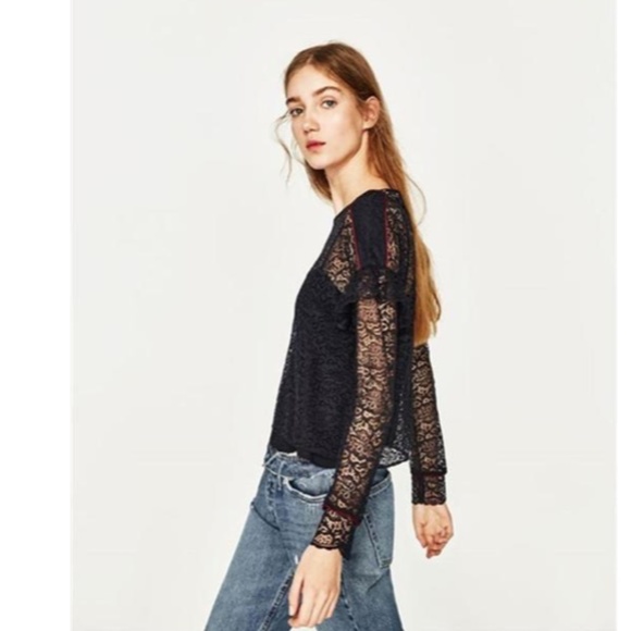 Zara Lace Blouse Sheer Small Black NEW - Picture 4 of 14